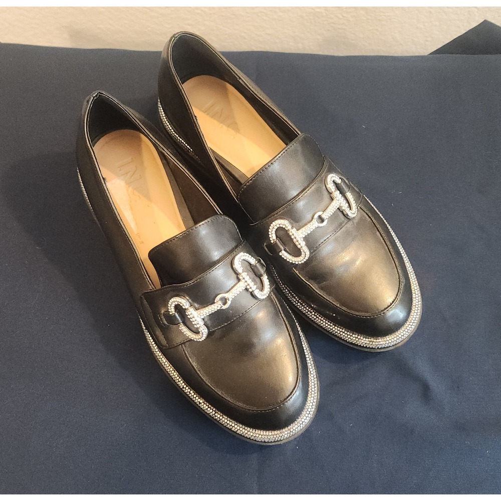 INC International Concepts Black Rhinestone Bit Lug Sole Loafers Womens size 8.5